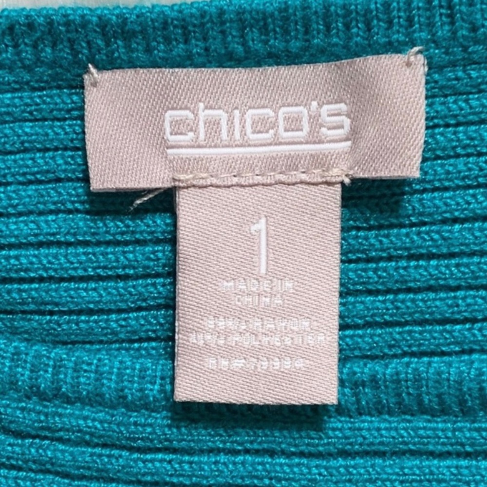 Chico’s Teal Ribbed Knit Raglan 3/4 Sleeve Dolman Pullover Tunic Sweater Top - Picture 7 of 9